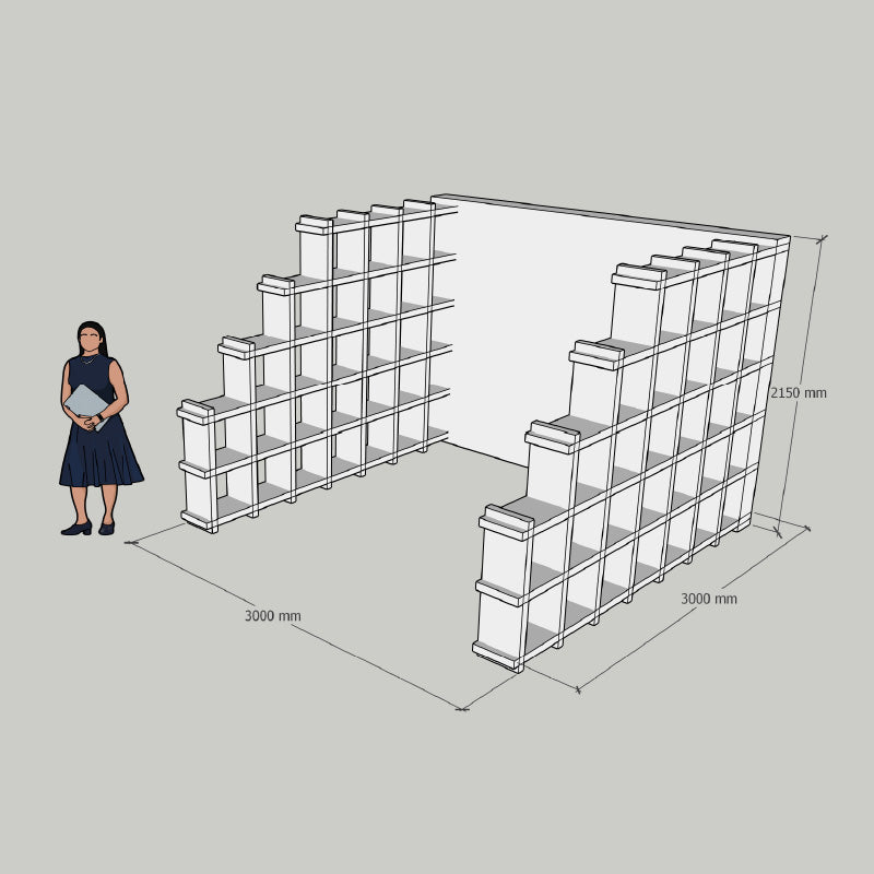 Duurzame kartonnen beursstand met modulaire vakkenkast