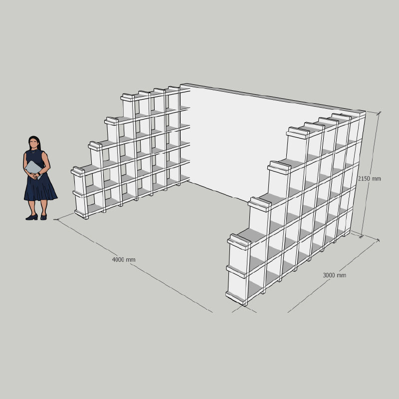 Duurzame kartonnen beursstand met modulaire vakkenkast