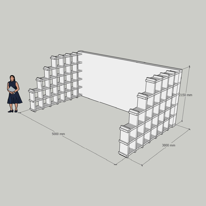Duurzame kartonnen beursstand met modulaire vakkenkast