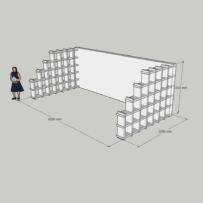 Duurzame kartonnen beursstand met modulaire vakkenkast